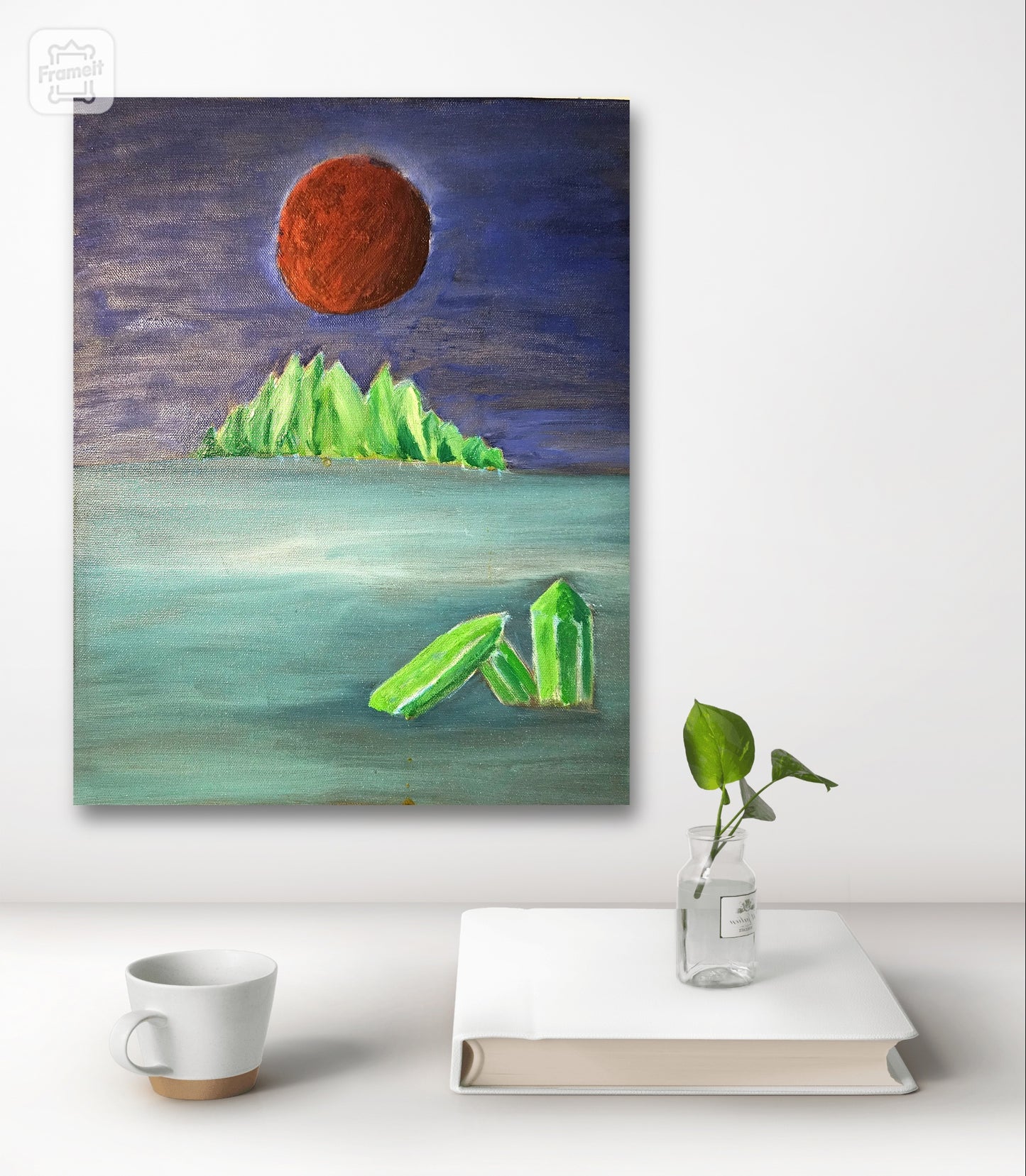 Oil Painting on 30 x 40 cm - Enigmatic Planet with Crystals