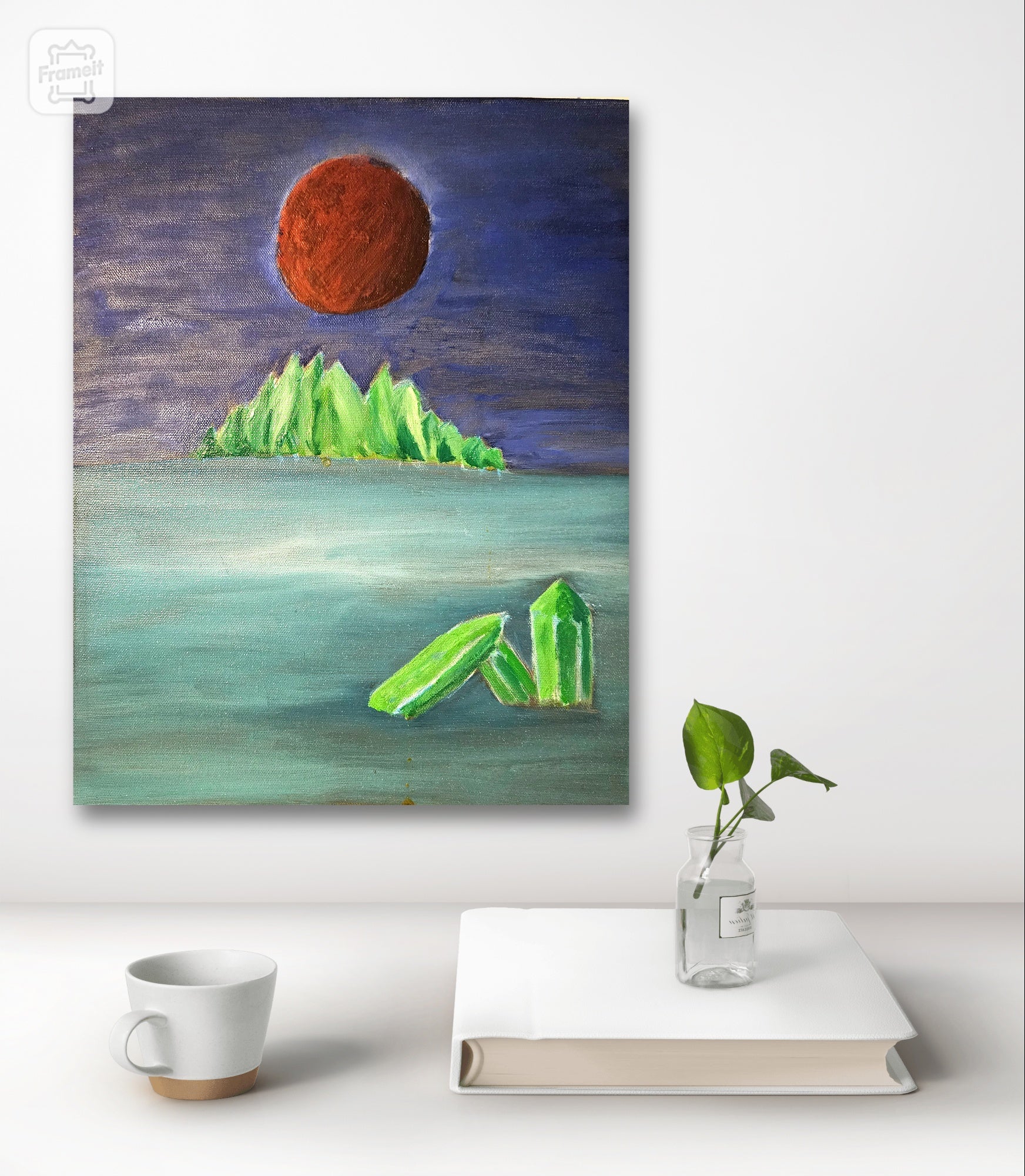 Oil Painting on 30 x 40 cm - Enigmatic Planet with Crystals