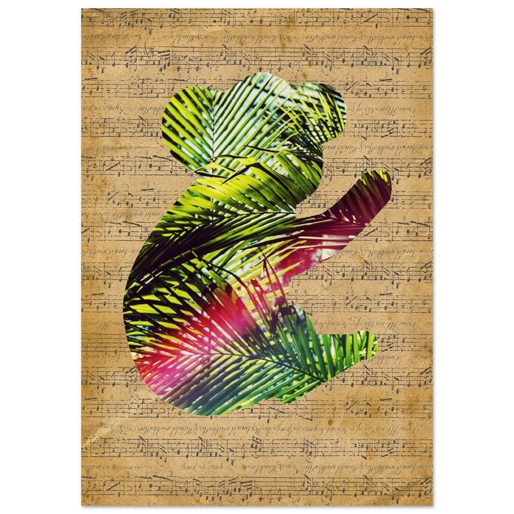 Museum-Quality Matte Paper Poster. koala poster with old sheet music. New apartment housewarming gift as nature inspired wall decor.