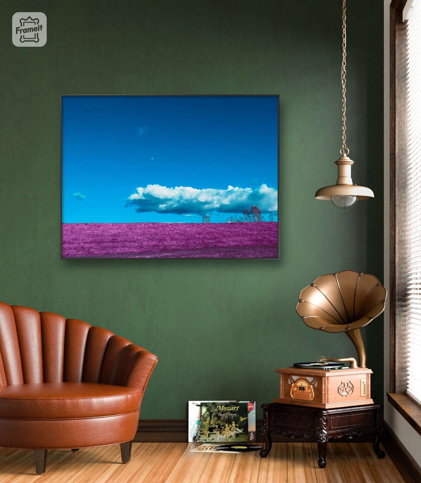 Museum-Quality Matte Paper Poster. nature inspired wall decor of purple field and cloud photography. home interior pictures.