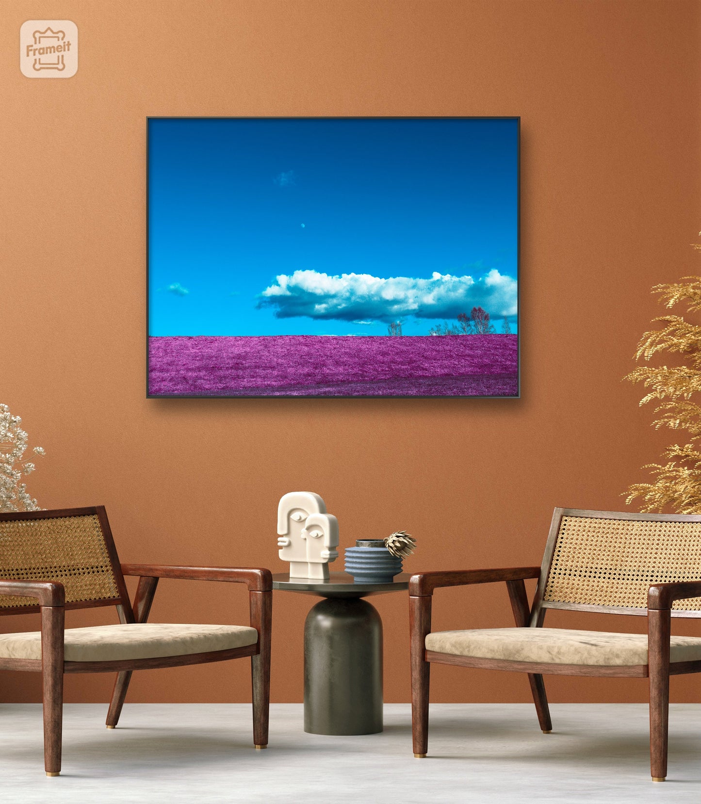 Museum-Quality Matte Paper Poster. nature inspired wall decor of purple field and cloud photography. home interior pictures.