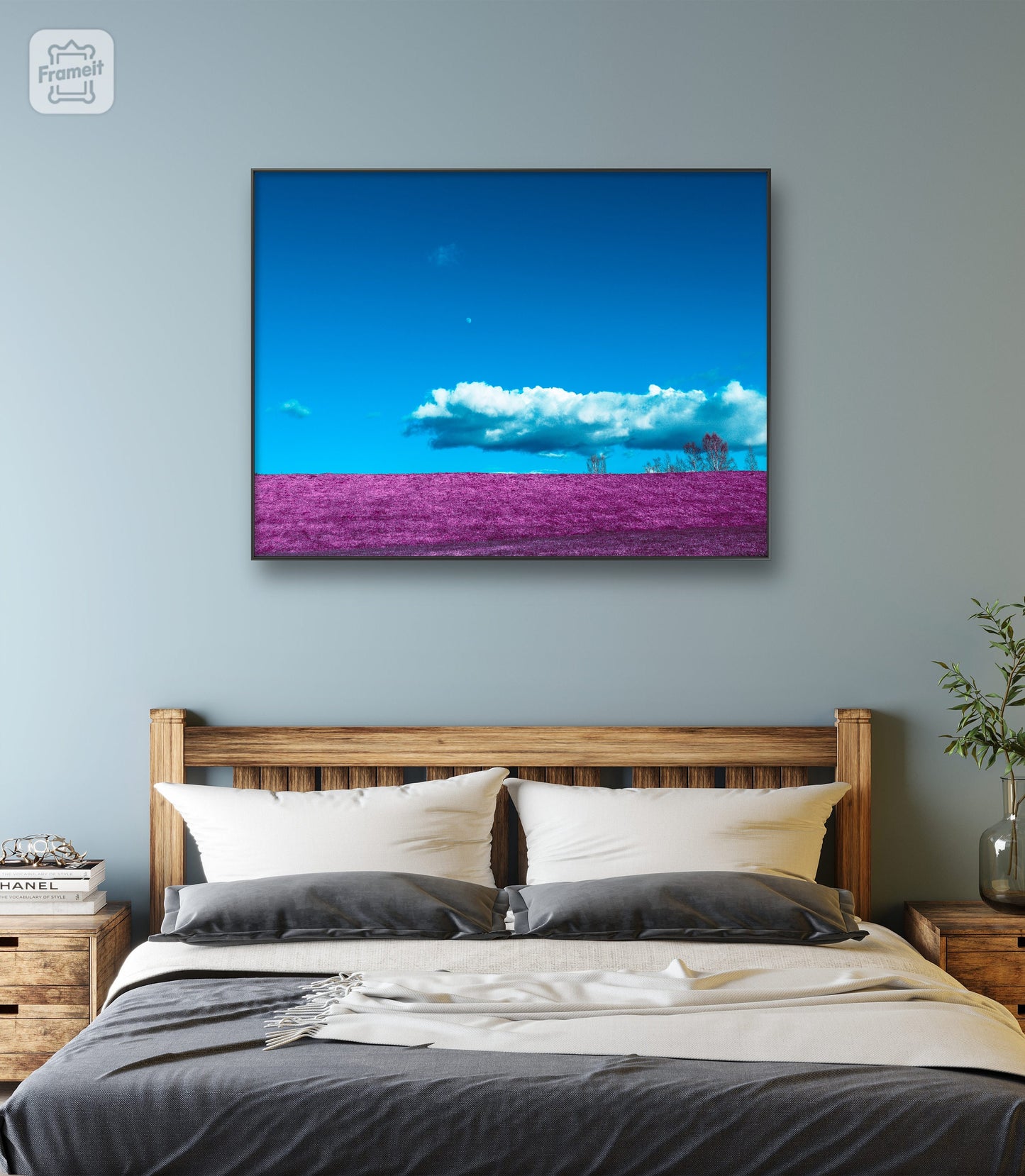 Museum-Quality Matte Paper Poster. nature inspired wall decor of purple field and cloud photography. home interior pictures.