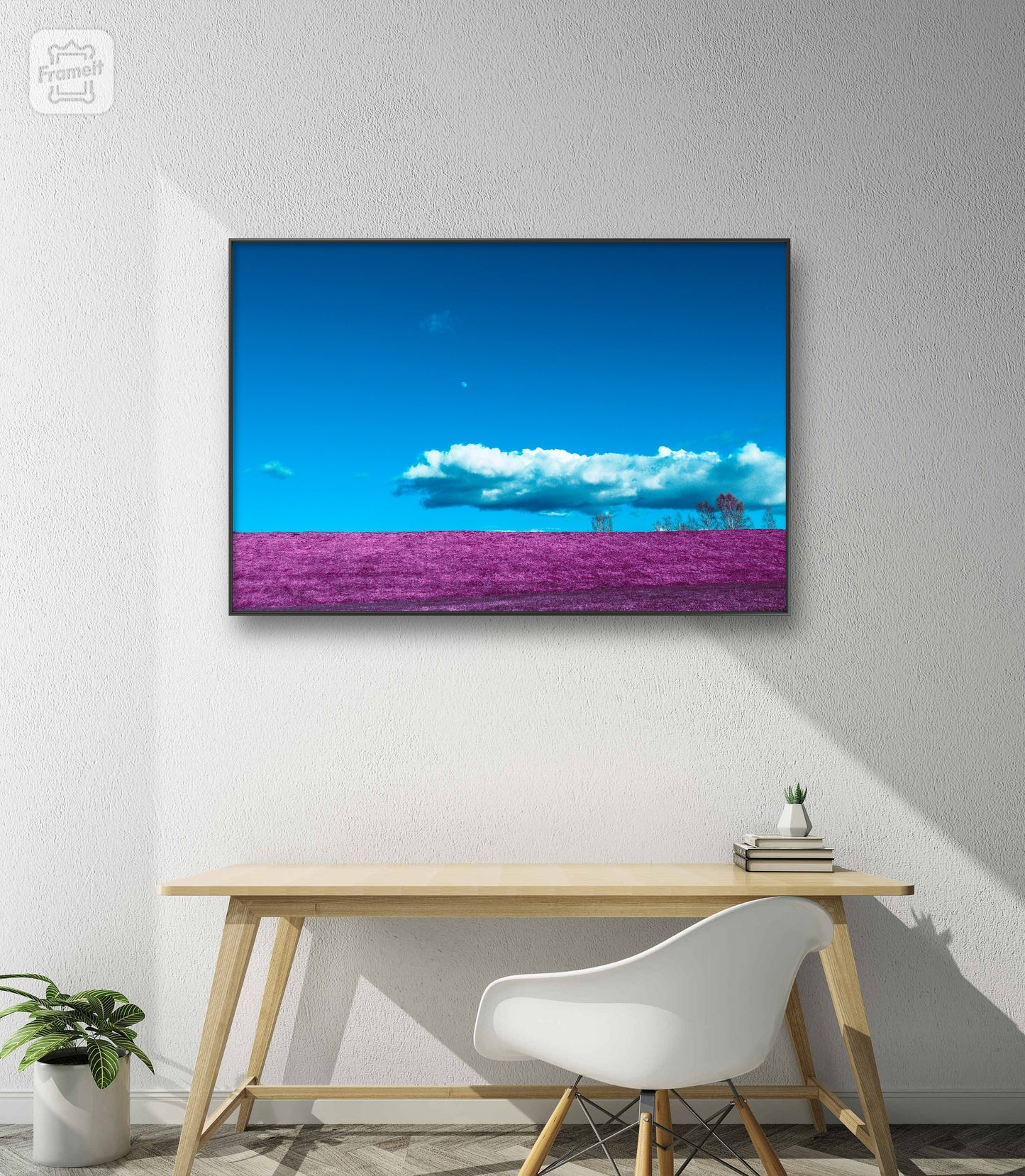 Museum-Quality Matte Paper Poster. nature inspired wall decor of purple field and cloud photography. home interior pictures.