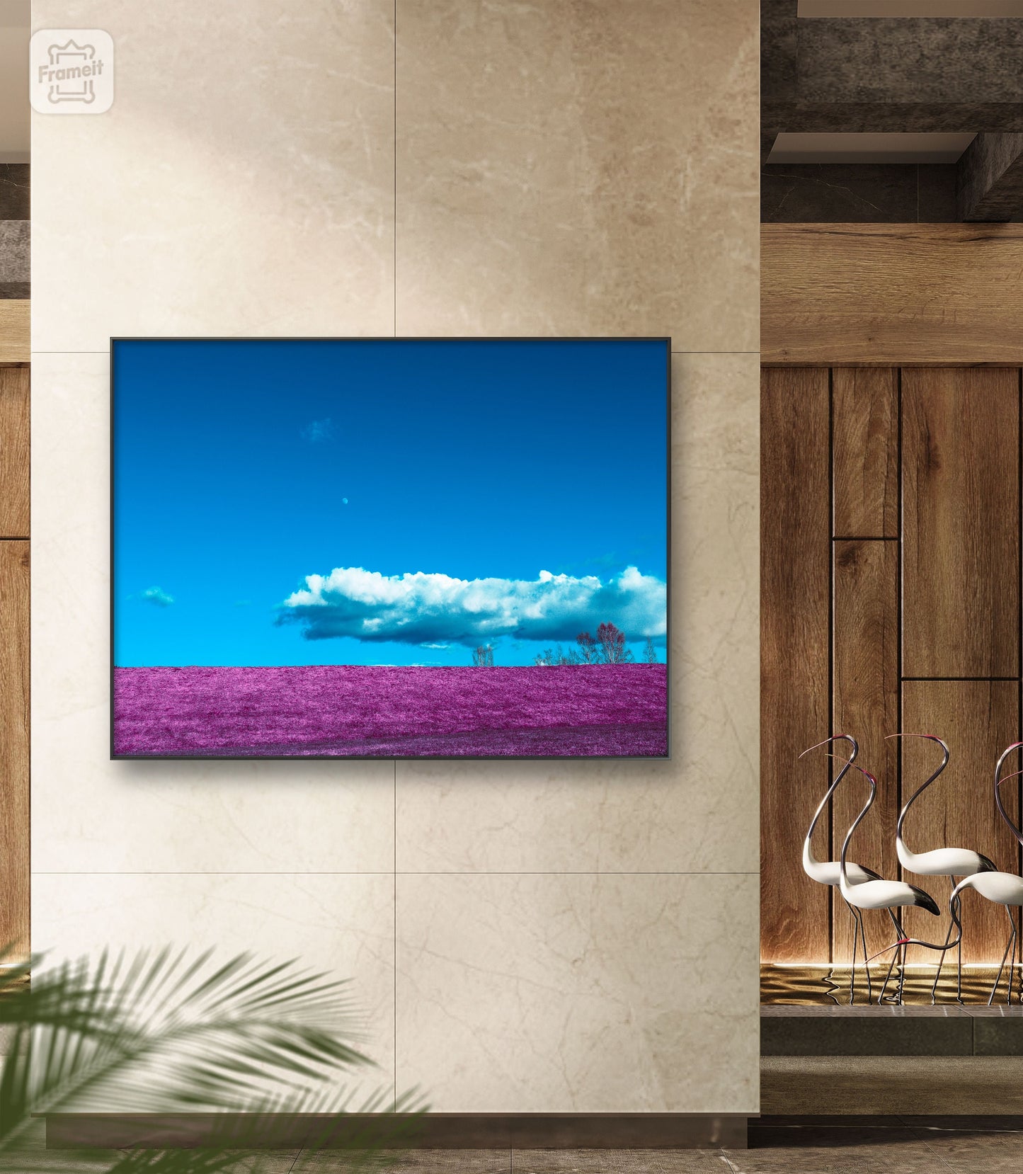 Museum-Quality Matte Paper Poster. nature inspired wall decor of purple field and cloud photography. home interior pictures.