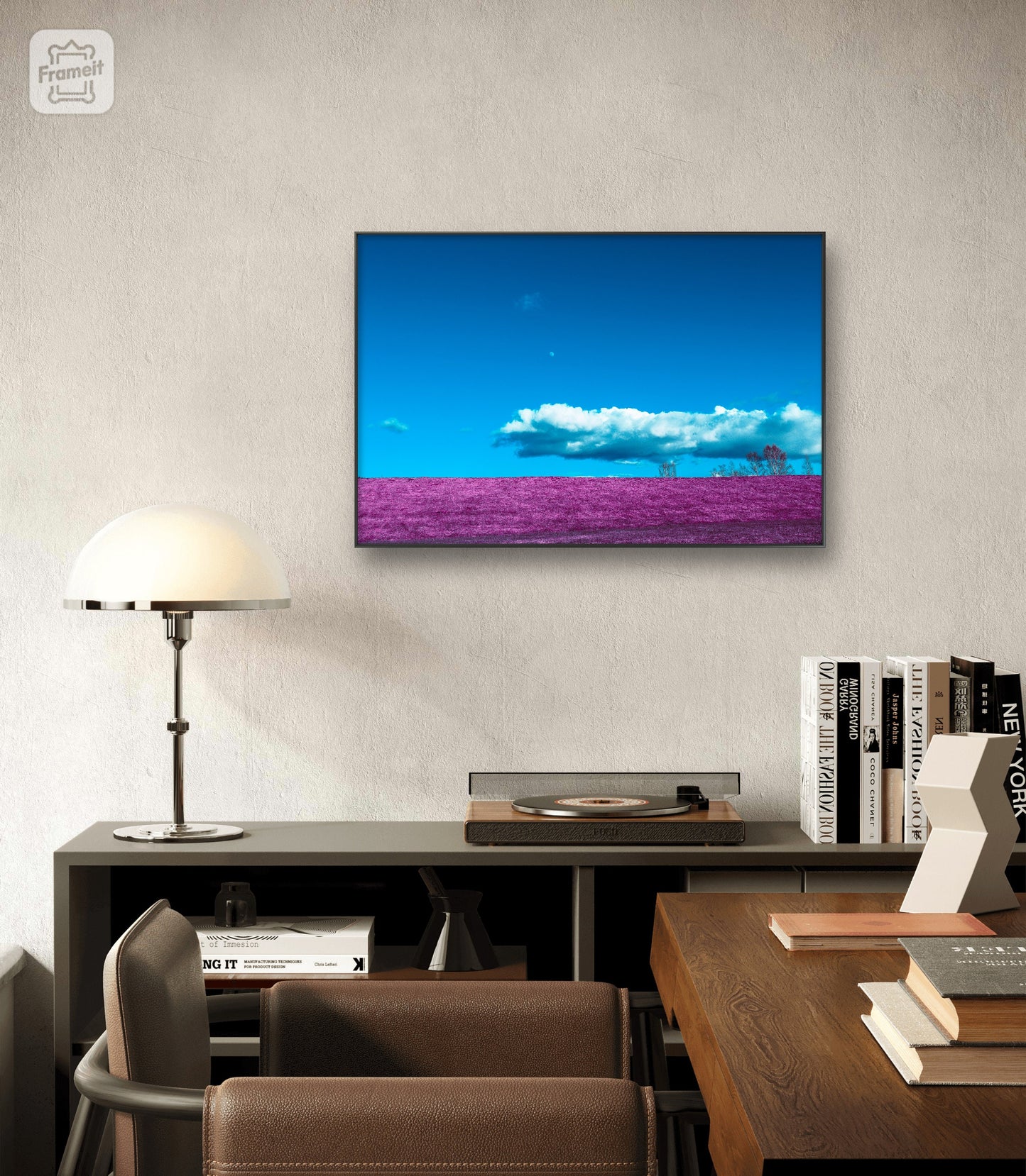 Museum-Quality Matte Paper Poster. nature inspired wall decor of purple field and cloud photography. home interior pictures.