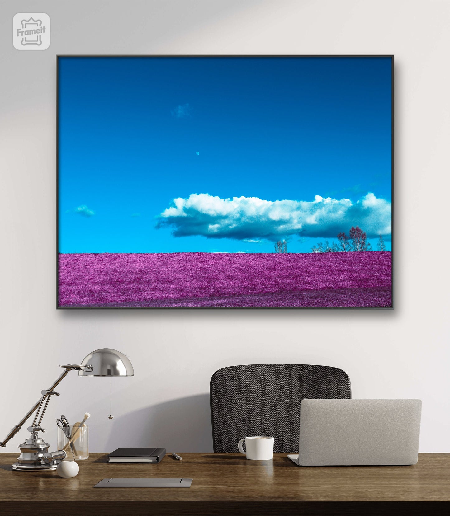 Museum-Quality Matte Paper Poster. nature inspired wall decor of purple field and cloud photography. home interior pictures.