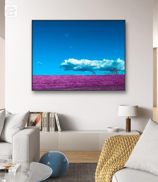 Museum-Quality Matte Paper Poster. nature inspired wall decor of purple field and cloud photography. home interior pictures.