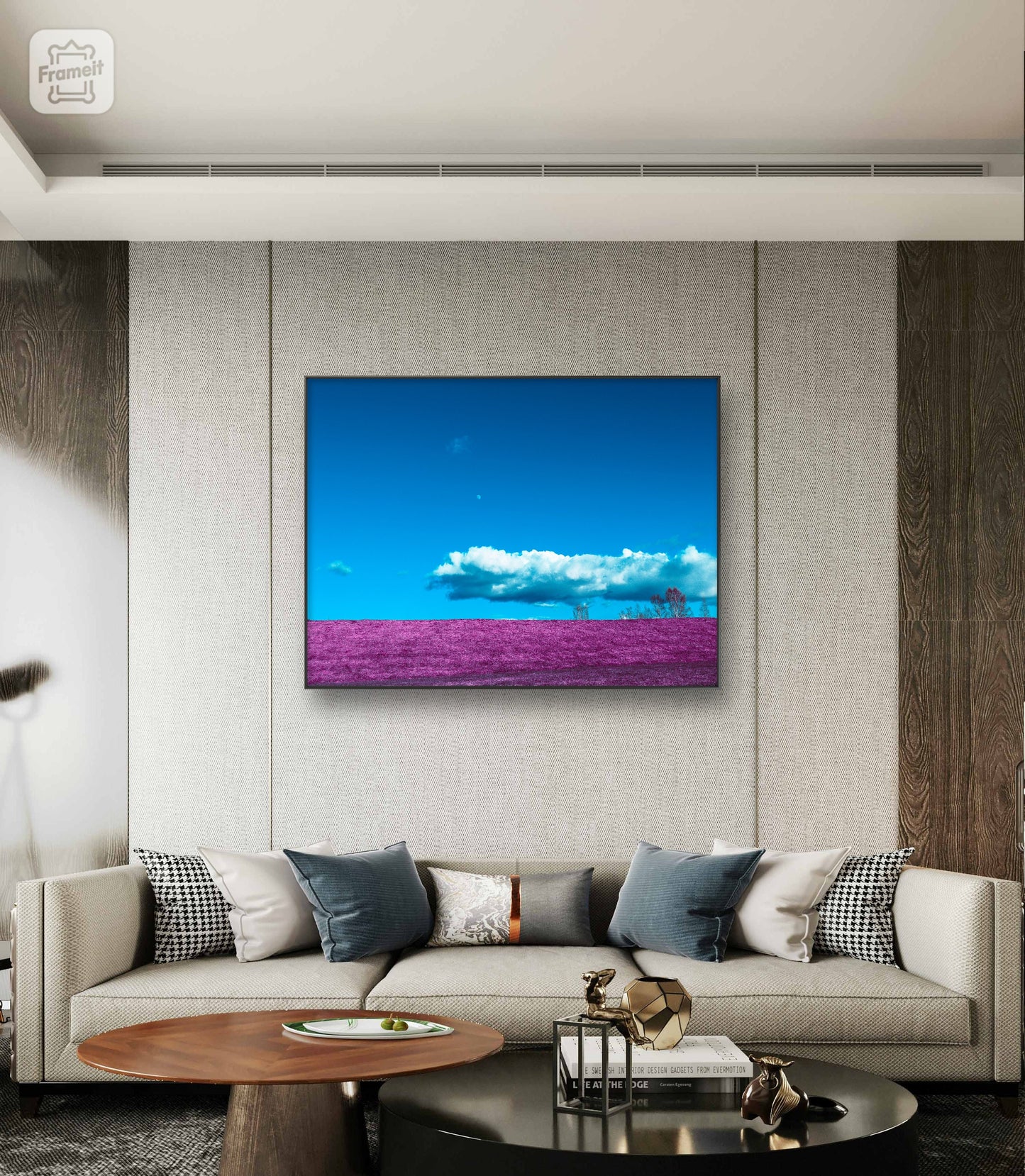 Museum-Quality Matte Paper Poster. nature inspired wall decor of purple field and cloud photography. home interior pictures.