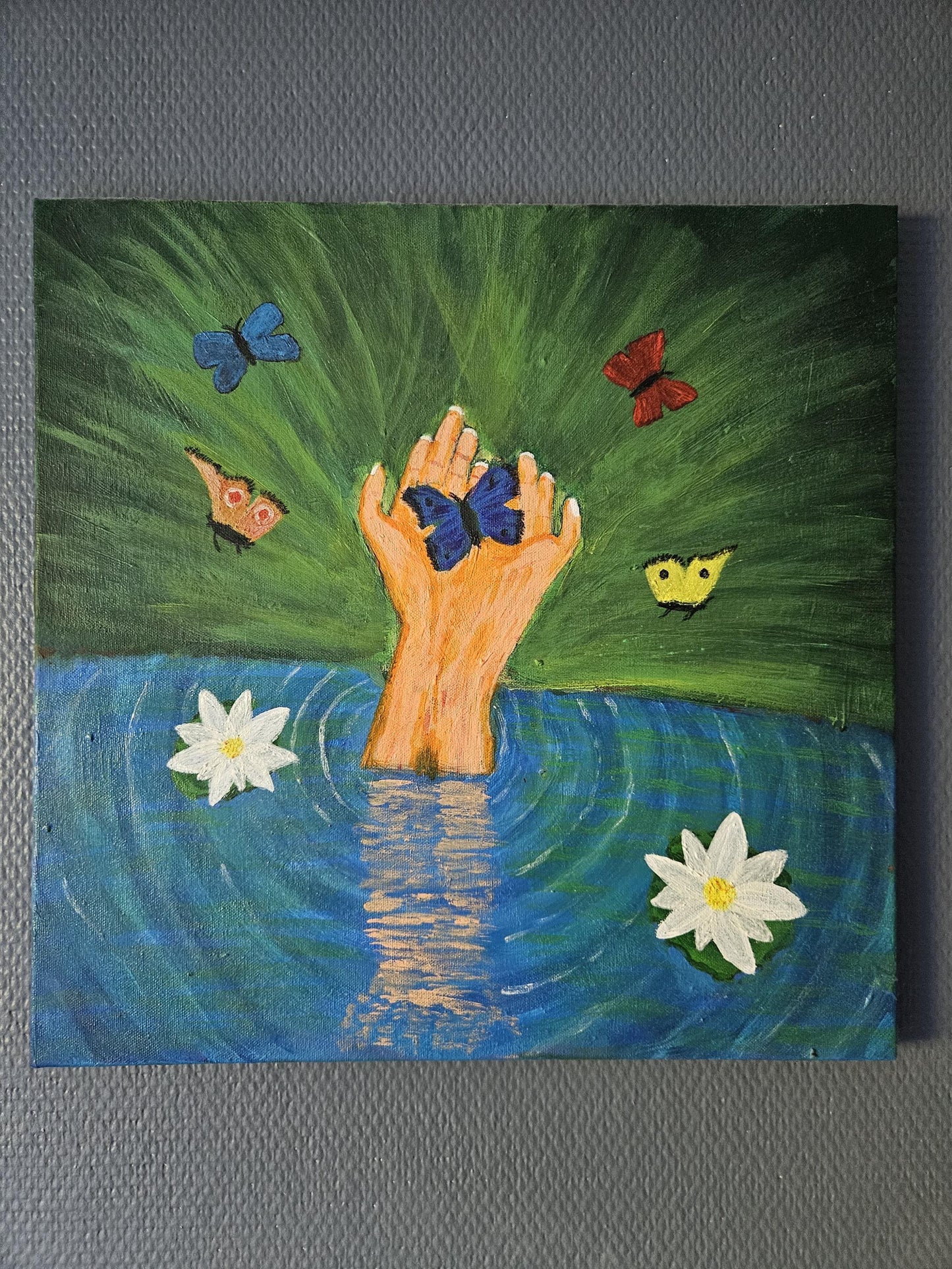 Original Painting on a Canvas: Hand Emerging from Water with Flying Butterflies | Unique Wall Art