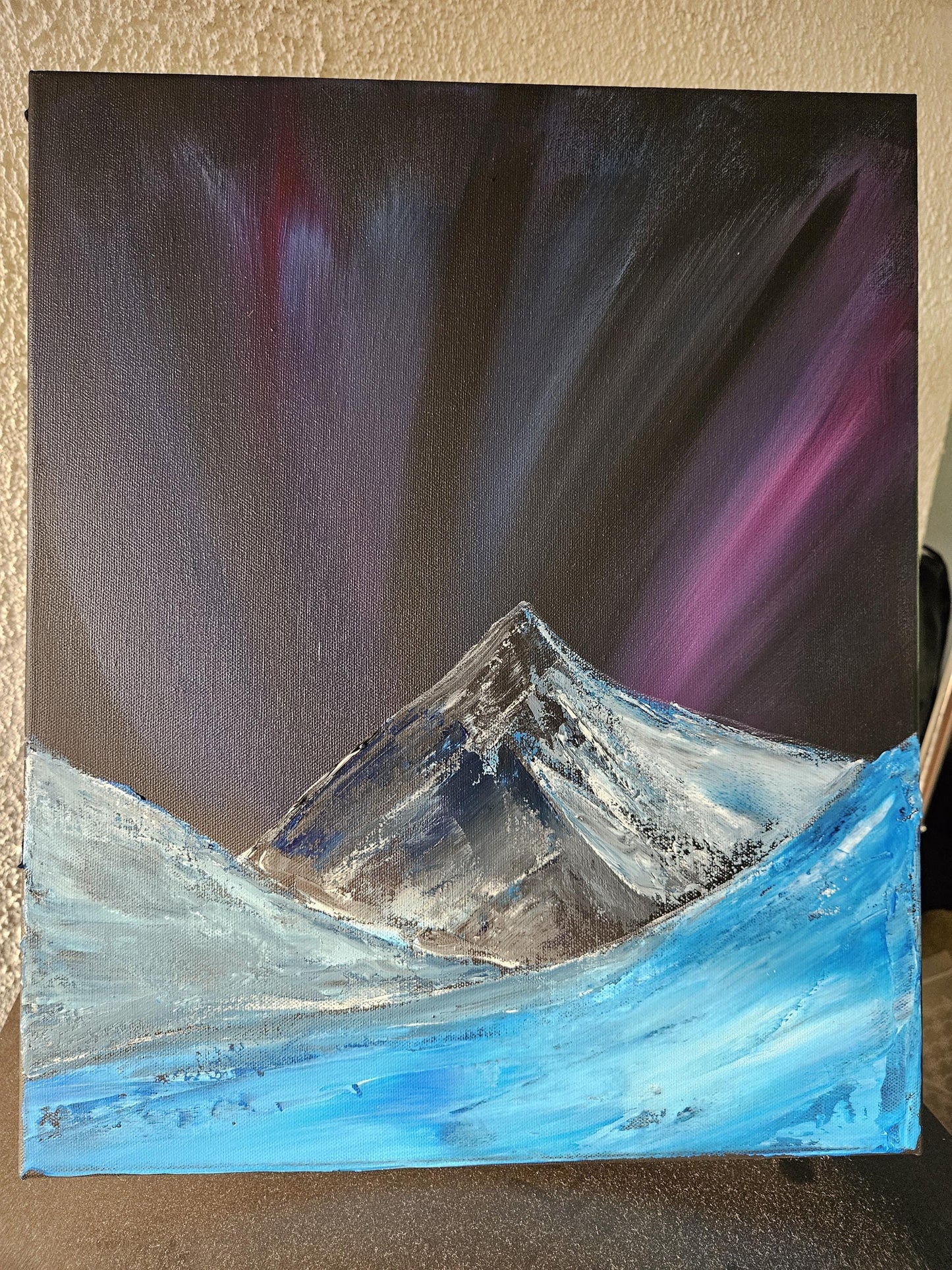 Original Northern Lights Painting on Canvas – Aurora Borealis with Mountains and Icy Landscape