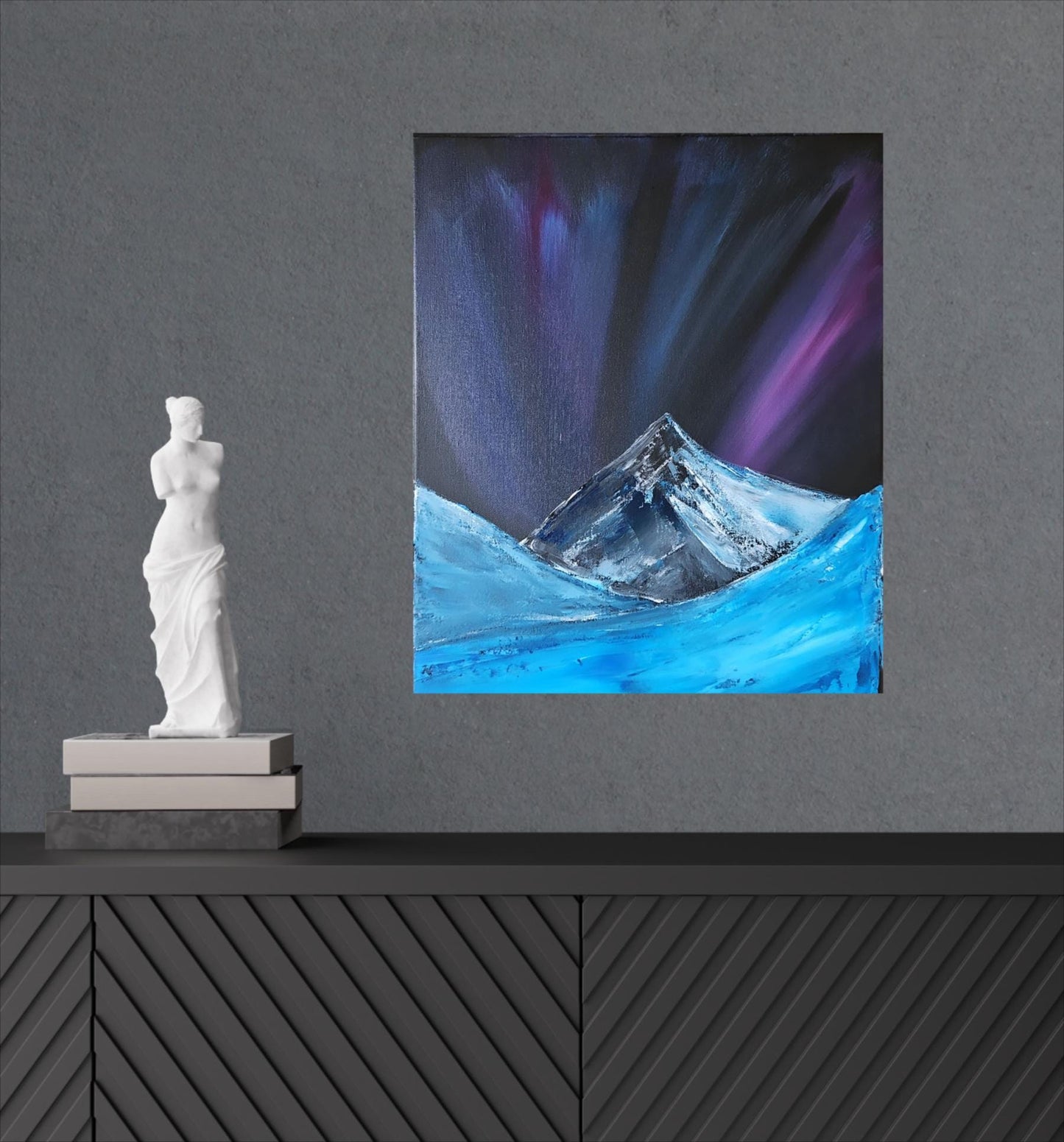 Original Northern Lights Painting on Canvas – Aurora Borealis with Mountains and Icy Landscape