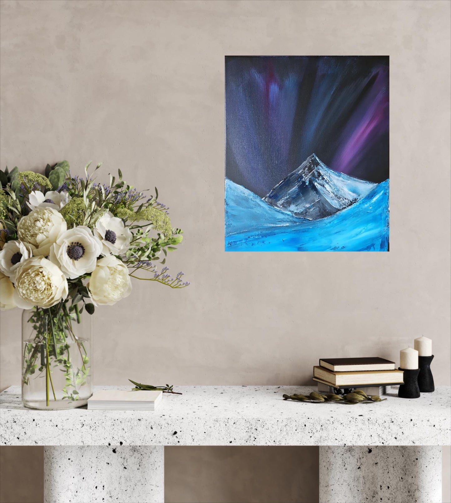 Original Northern Lights Painting on Canvas – Aurora Borealis with Mountains and Icy Landscape