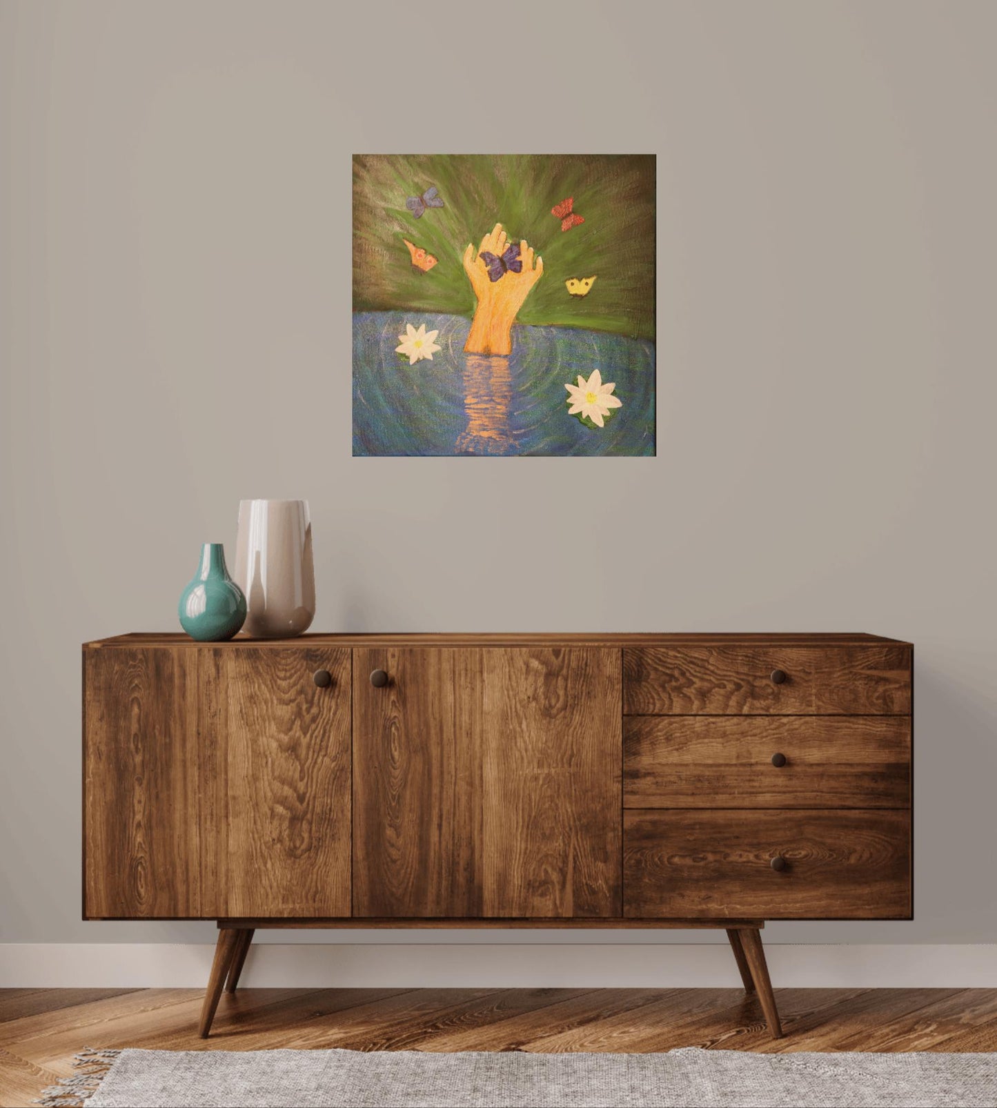 Original Painting on a Canvas: Hand Emerging from Water with Flying Butterflies | Unique Wall Art