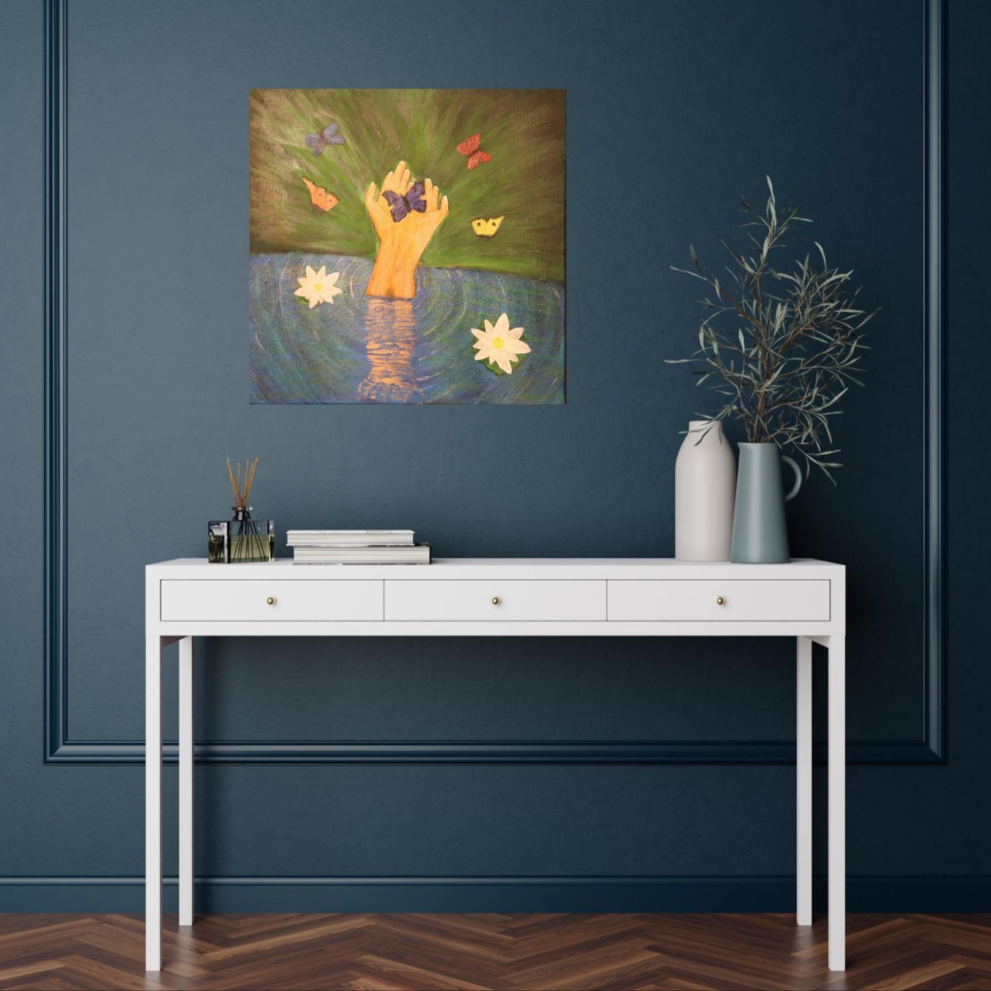 Original Painting on a Canvas: Hand Emerging from Water with Flying Butterflies | Unique Wall Art