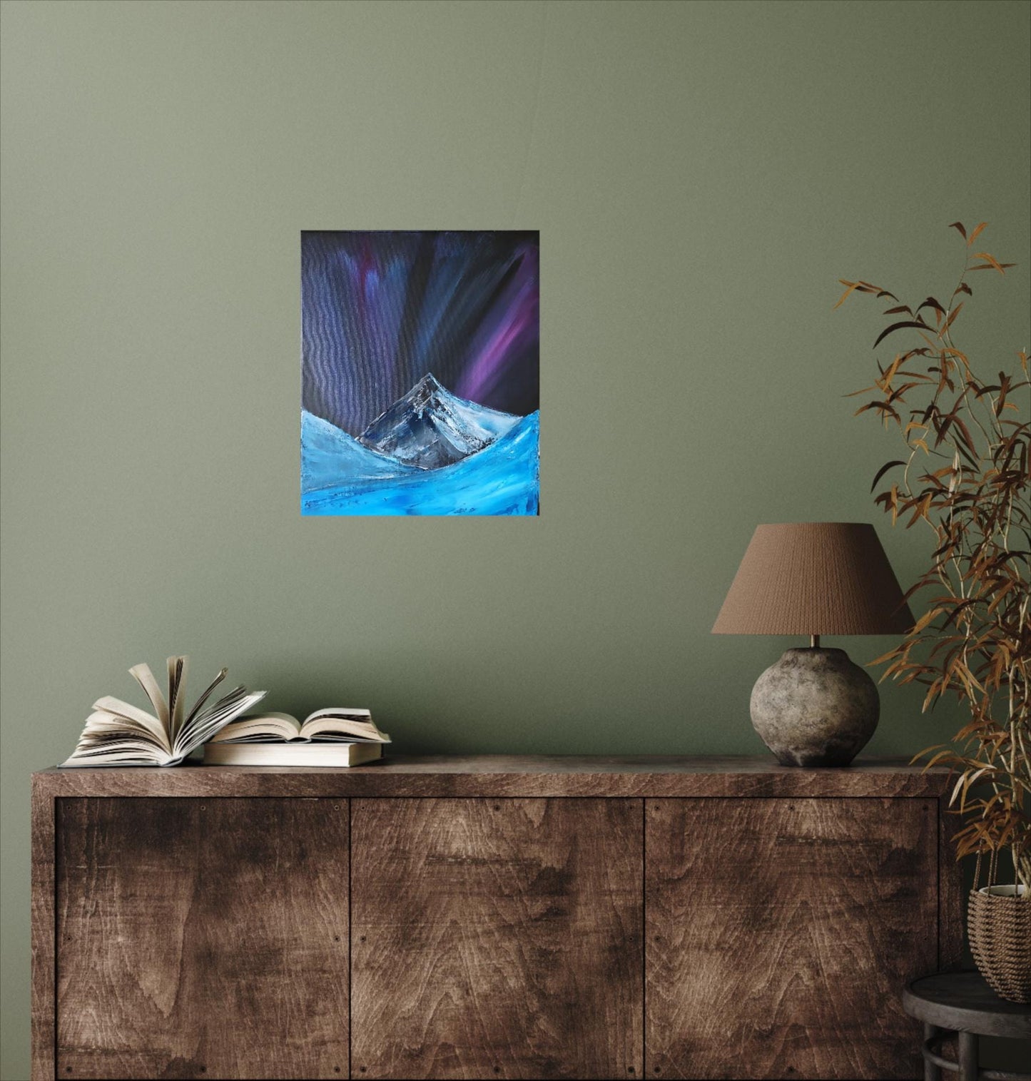 Original Northern Lights Painting on Canvas – Aurora Borealis with Mountains and Icy Landscape