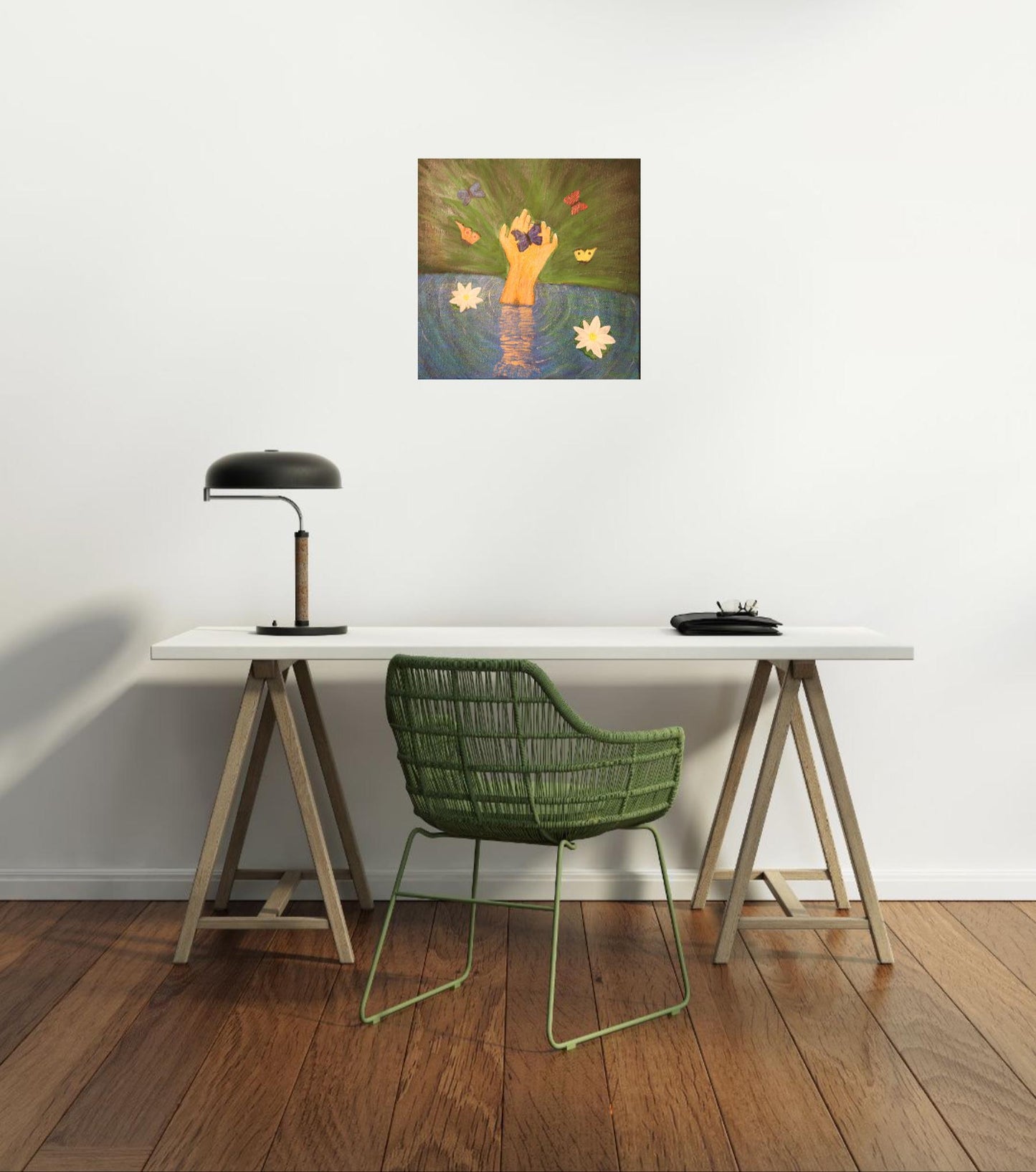 Original Painting on a Canvas: Hand Emerging from Water with Flying Butterflies | Unique Wall Art