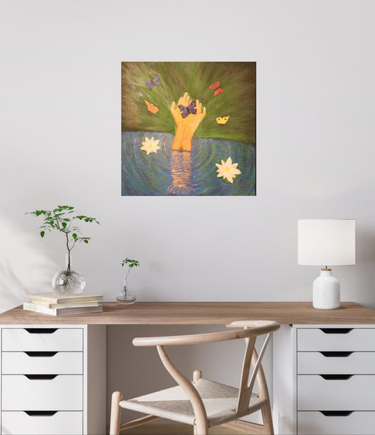 Original Painting on a Canvas: Hand Emerging from Water with Flying Butterflies | Unique Wall Art