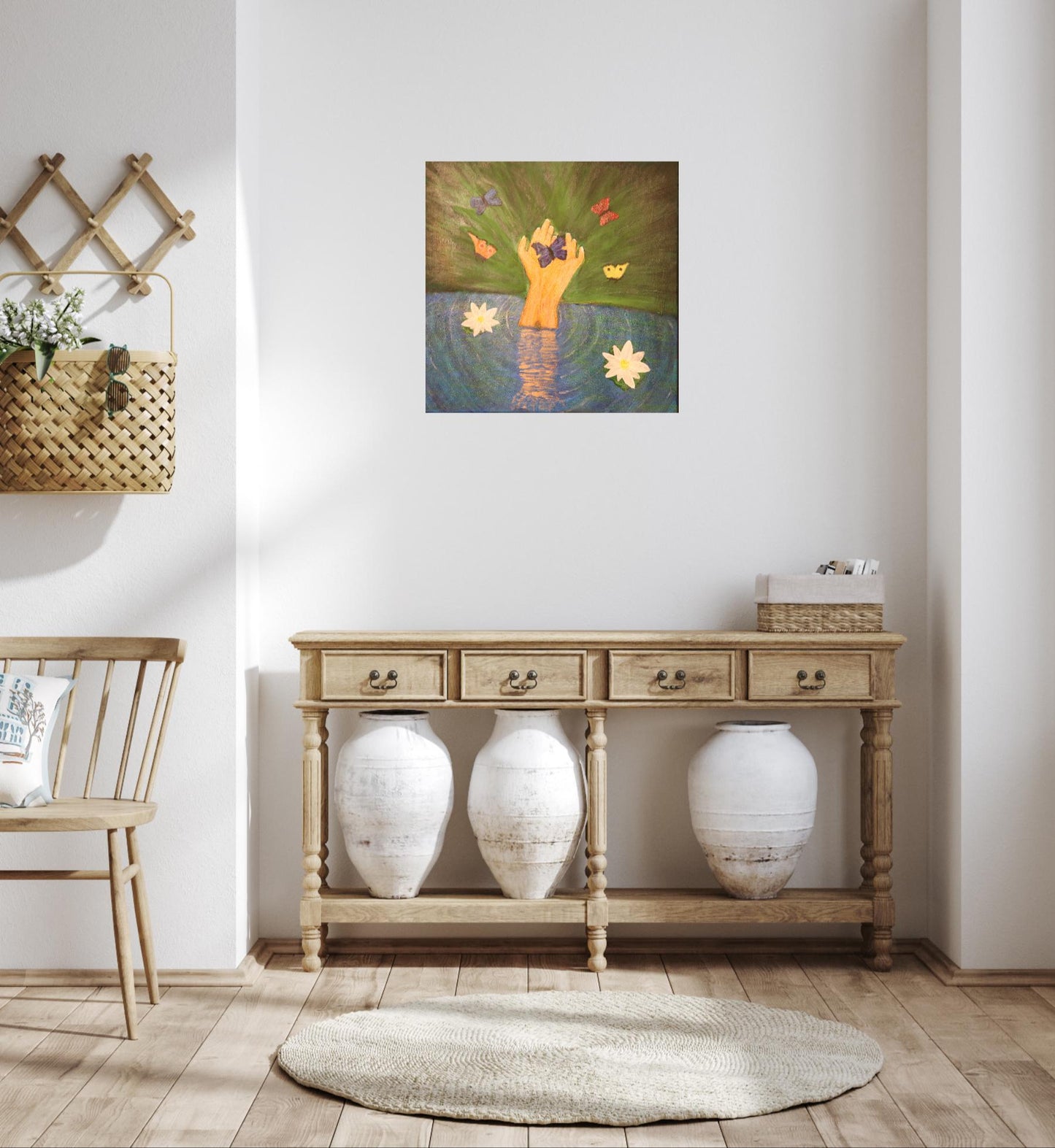 Original Painting on a Canvas: Hand Emerging from Water with Flying Butterflies | Unique Wall Art