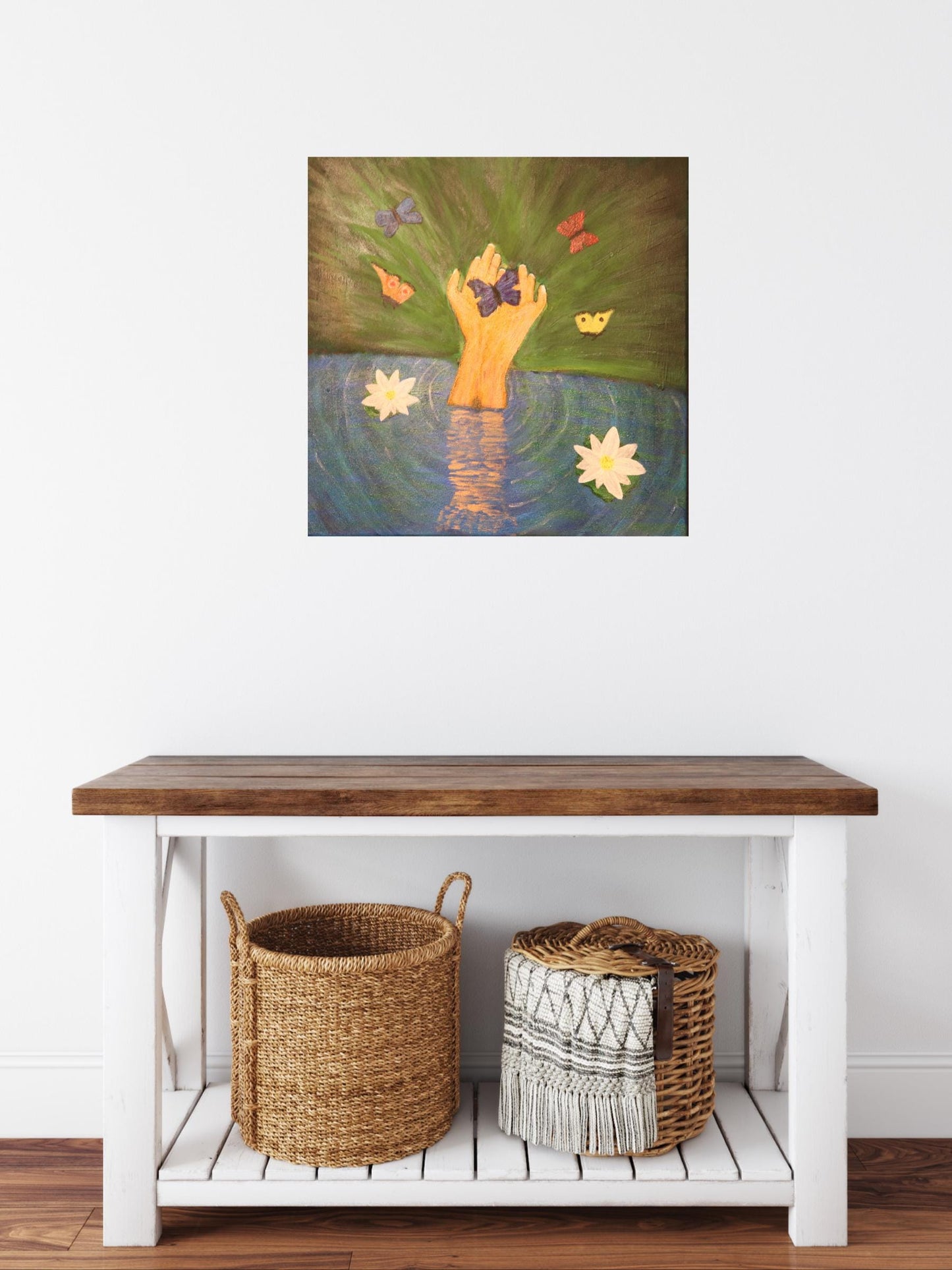 Original Painting on a Canvas: Hand Emerging from Water with Flying Butterflies | Unique Wall Art