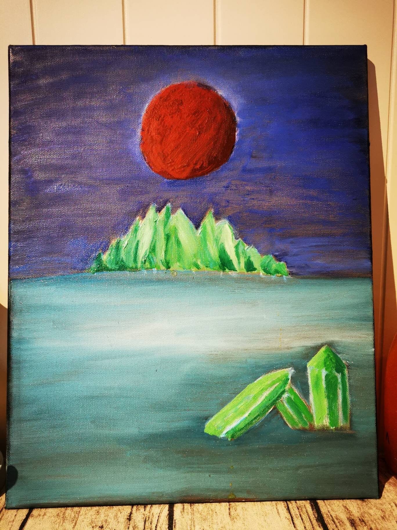 Oil Painting on 30 x 40 cm - Enigmatic Planet with Crystals