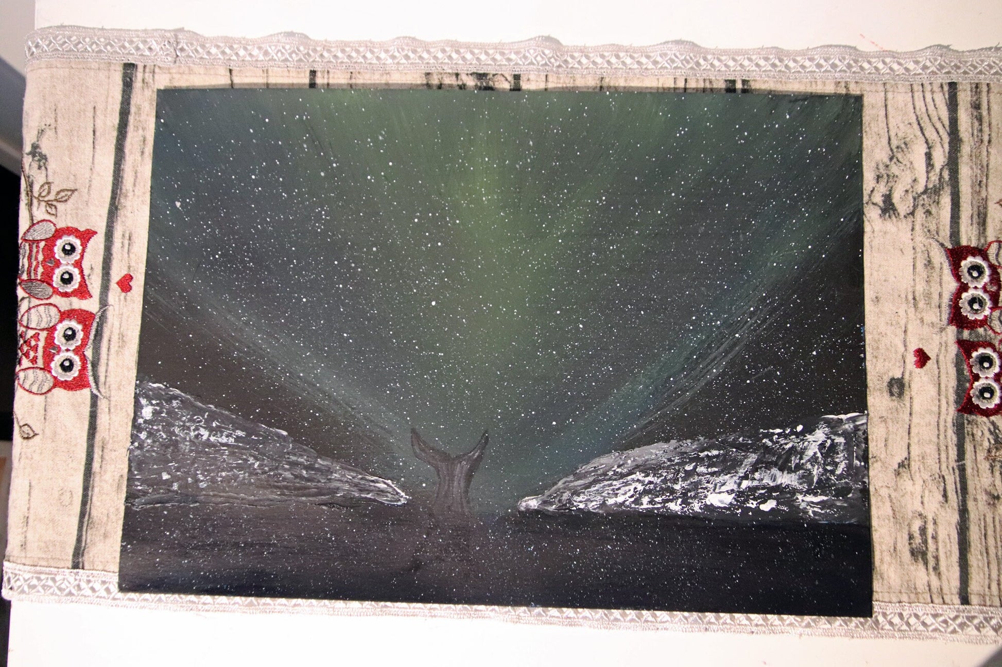 Original Artwork of Northern Lights with Whale Tale and Land