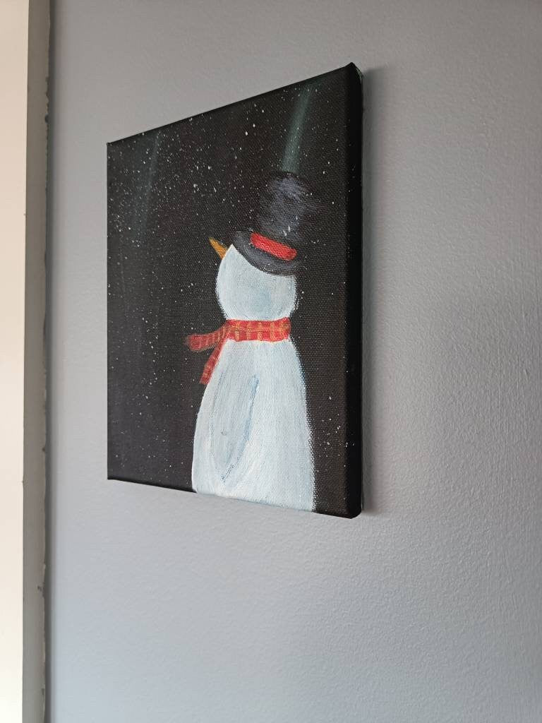 Snowman & Northern Lights Painting - Original Winter Art