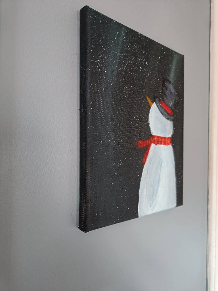 Snowman & Northern Lights Painting - Original Winter Art