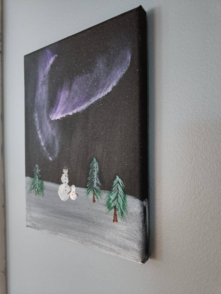 Original Painting of Northern Lights with Snowman with Hat