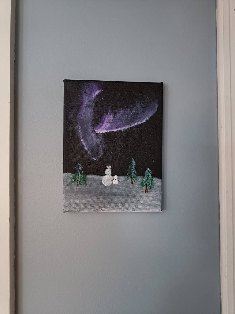 Original Painting of Northern Lights with Snowman with Hat