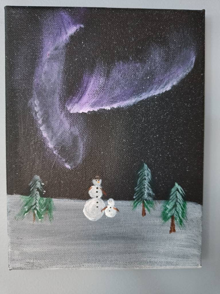 Original Painting of Northern Lights with Snowman with Hat