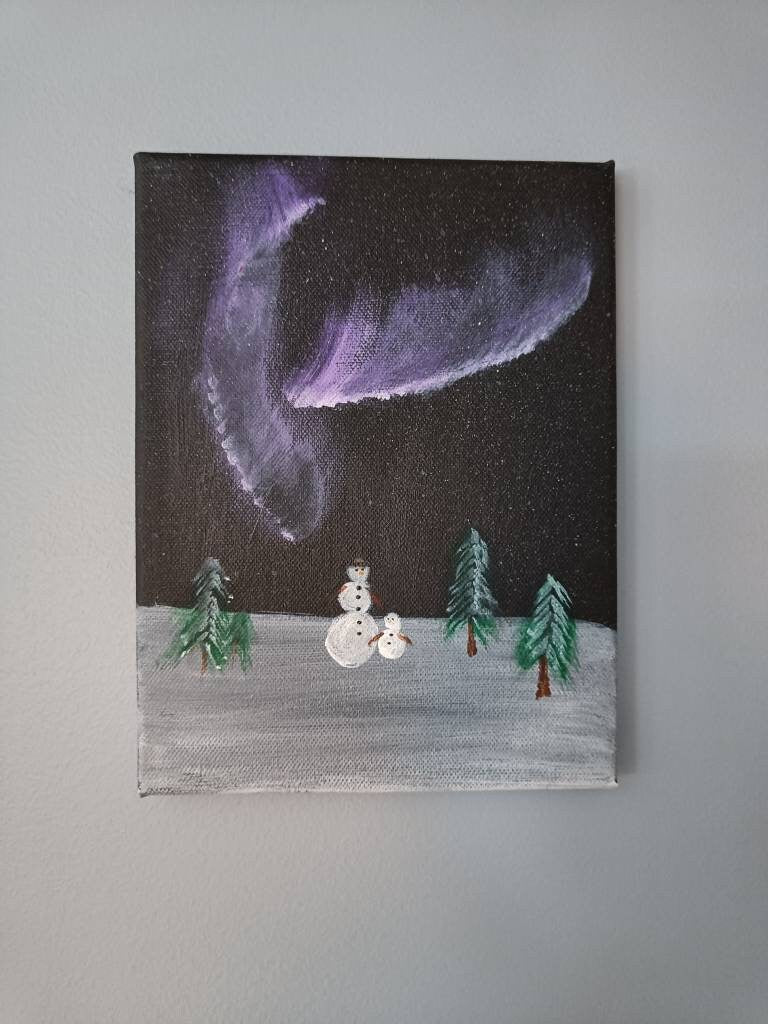 Original Painting of Northern Lights with Snowman with Hat