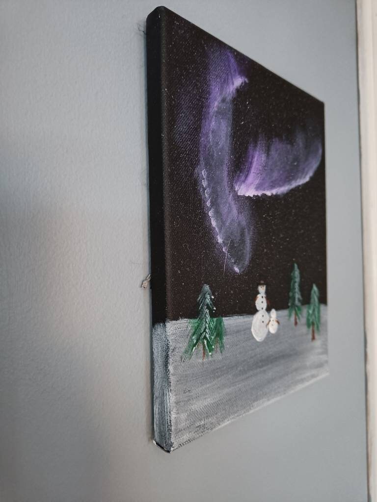 Original Painting of Northern Lights with Snowman with Hat