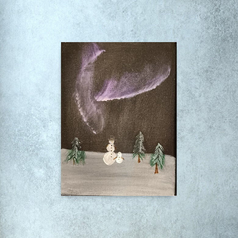 Original Painting of Northern Lights with Snowman with Hat