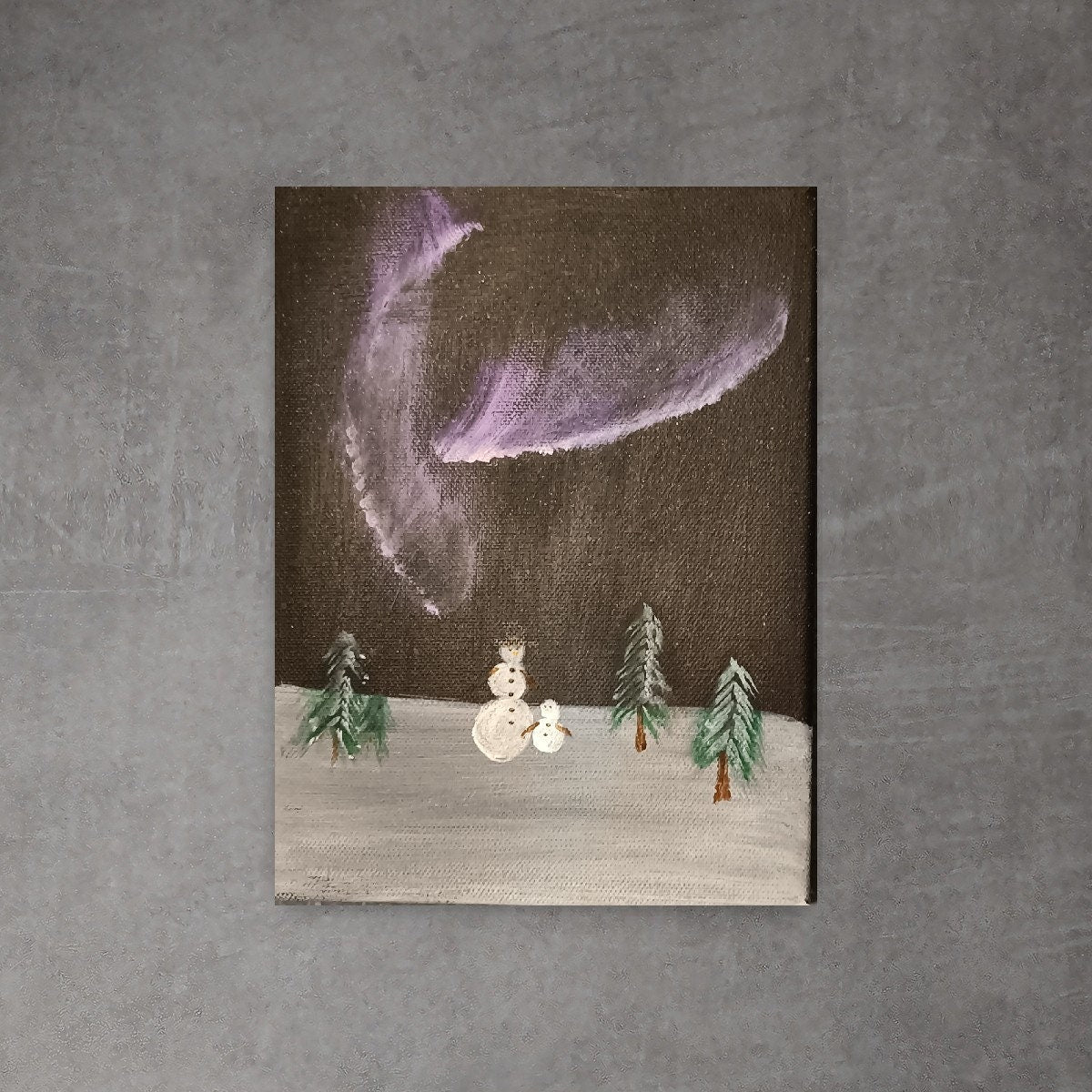 Original Painting of Northern Lights with Snowman with Hat