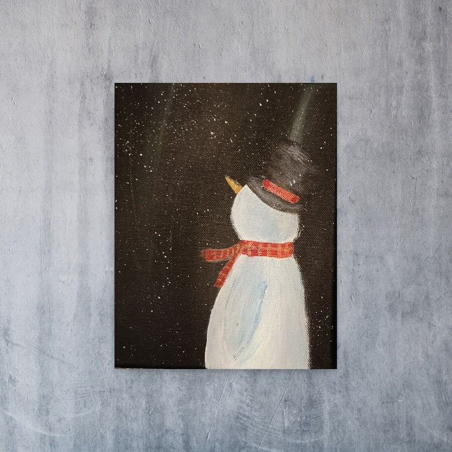 Snowman & Northern Lights Painting - Original Winter Art