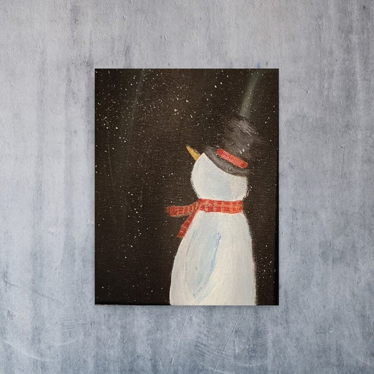 Snowman & Northern Lights Painting - Original Winter Art