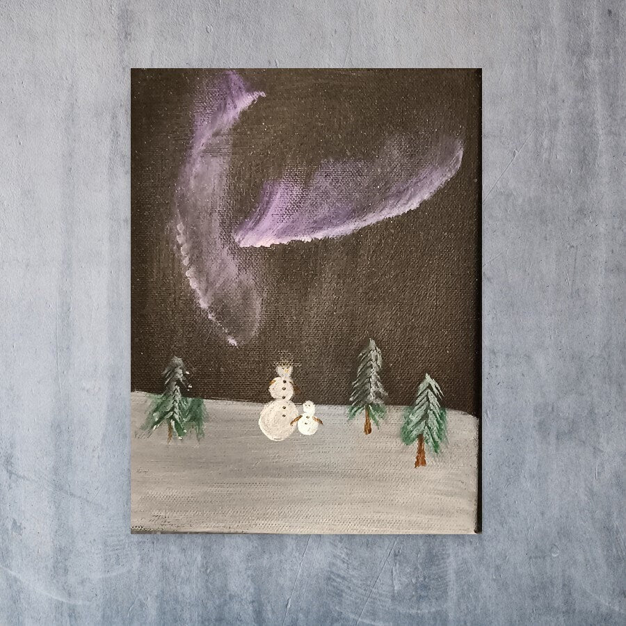 Original Painting of Northern Lights with Snowman with Hat